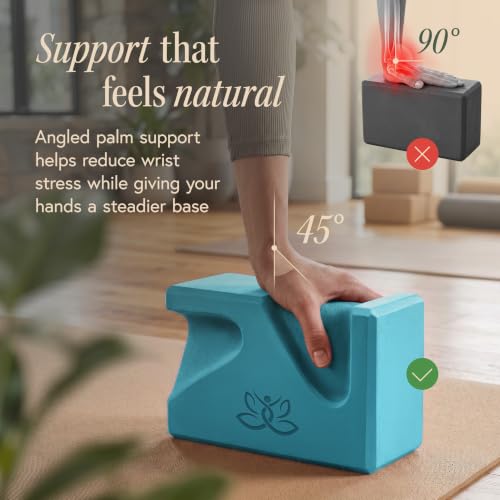 PRO Yoga Blocks | Ergonomic Yoga Block 2 Pack for Wrist Comfort and Support | EVA Foam Exercise Blocks, 2x Knee Pads & Yoga Strap | Pilates Block Set | Bricks to Eliminate Wrist Pain - color: Blue