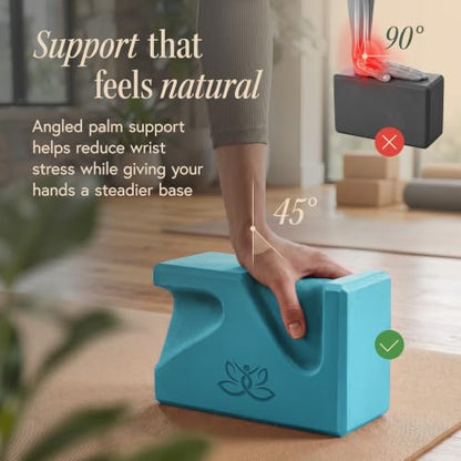 PRO Yoga Blocks | Ergonomic Yoga Block 2 Pack for Wrist Comfort and Support | EVA Foam Exercise Blocks, 2x Knee Pads & Yoga Strap | Pilates Block Set | Bricks to Eliminate Wrist Pain - color: Blue