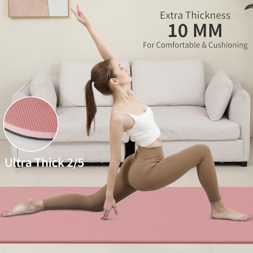 PAIDU POE Yoga Mat （10mm）Extra Thick Fitness Mat 72"x24" with Carry Strap | Non-slip, tear-resistant and suitable for all ages, perfect for yoga, Pilates, home gym and full-body workouts. - color: Pink + black