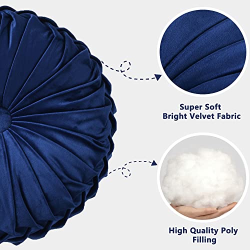 HIG Set of 2 Navy Velvet Decorative Round Pleated Throw Pillows - color: Navy