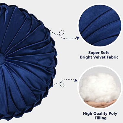 HIG Set of 2 Navy Velvet Decorative Round Pleated Throw Pillows - color: Navy