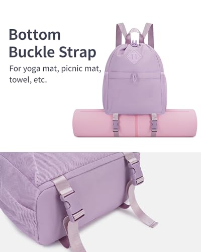 WANDF Drawstring Backpack for Women, Lightweight Gym Bag with Yoga Mat Strap, Water-Resistant String Backpack with Mesh Pocket (Purple, Patent Pending) - color: Purple