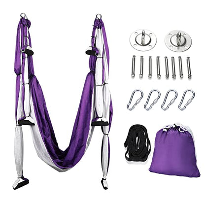 ZELUS Aerial Yoga Swing Sling Strong Yoga Hammock Kit Set Trapeze Inversion Equipment Include 2 Extensions Straps and Ceiling Mounting Kit - color: Purple