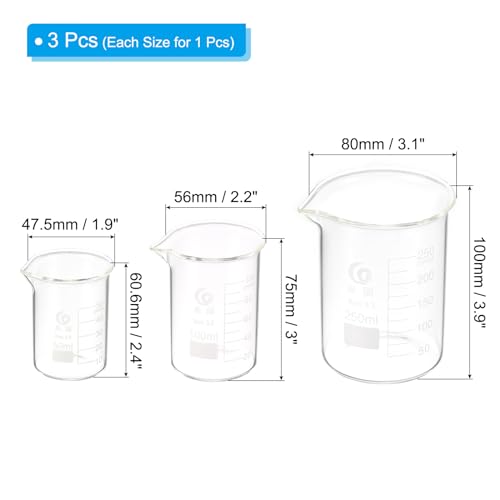 PATIKIL 50/100/250ml Low Form Glass Beaker, 3Pcs 3.3 Borosilicate Glass Beakers Graduated Measuring Cup with Spout for Lab Experiment, Cooking and Baking, Clear - size: 50/100/250ml