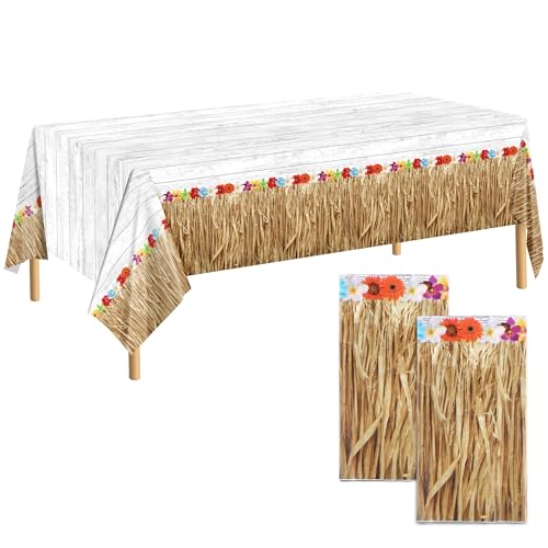 Kochorie 2 Pack Hawaii Luau Grass Tablecloth 54 x 108 Inches Waterproof Plastic Hawaiian Brown Grass Table Skirt with Raffia Libiscus Flowers Table Cover for Summer Tropical Party Decorations - style: Hawaii Luau Grass