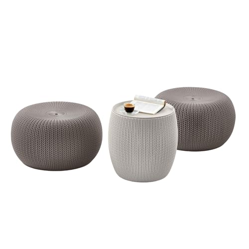 KETER Urban Knit Pouf Ottoman Set of 2 with Storage Table for Patio and Room Décor-Perfect for Balcony, Deck, and Outdoor Seating, Cream & Taupe - color: Cream & Taupe