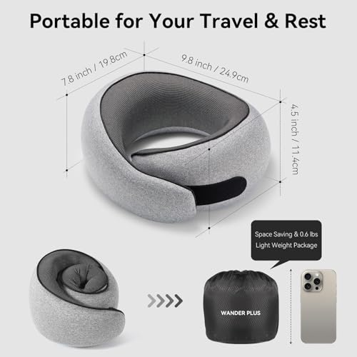 WANDER+® Travel Neck Pillow, Pure Memory Foam Neck Pillow for Airplanes, Comfortable Breathable Cover, 360 Degree Support Ergonomic Design Best for Sleeping Plane Train Travel Essentials Max Grey - color: Grey