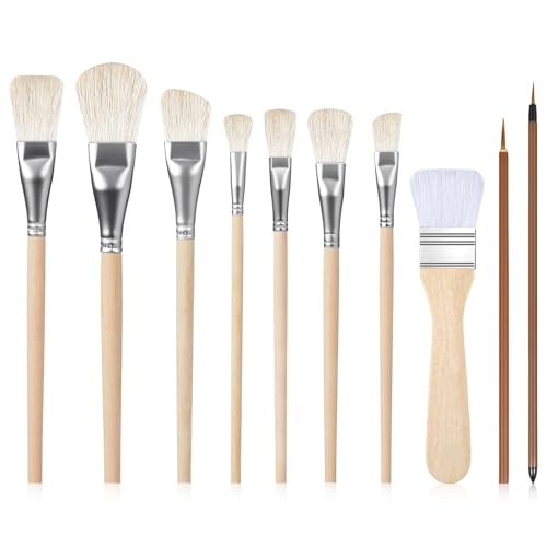 10Pcs Pottery Glazing Brushes, Ceramic Glaze Brushes Set for Watercolor Paintbrush Goat Hair Blending Brush for Acrylic Painting, Clay, Oil Painting Pottery Tools