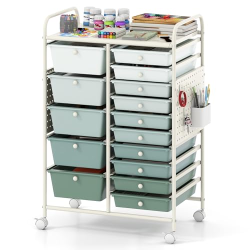 Giantex 15 Drawer Storage Cart, Rolling Craft Cart with Metal Tabletop & Pegboard, Mobile Utility Organizer Trolley with Locking Wheels, Home Office, Classroom, Teacher Supplies, Green Gradient - color: Green Gradient, size: 15 Drawer-25"x14.5"x34.5"