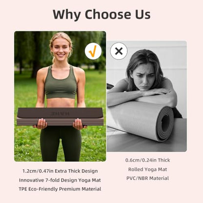 HAHE 7-Fold Design Extra Thick Yoga Mat 72"L x 24"W x 0.47", TPE - color: Brown & Beige