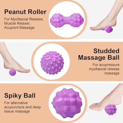 Massage Ball Set, Plantar Fasciitis Relief Foot Pain Therapy - Trigger Point, Heel Spur, Sore Muscle- Back, Arm, Neck, Shoulder, Leg Circulation Roller - color: 3 Purple Massage Set