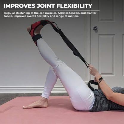 Foot and Calf Stretcher - Stretching Strap for Plantar Fasciitis, Achilles Tendonitis, Heel Spurs, Foot Drop, & Hamstring, Versatile Stretch Strap Used as Leg stretcher, Hamstring Stretcher and Foot Stretcher - color: Red