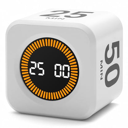 Rotating Productivity Timer, 5, 25, 10, 50 Minute Presets, Desk Cube | Gravity sensor with mute function; ADHD-friendly for work, study, kitchen and back to school - color: White