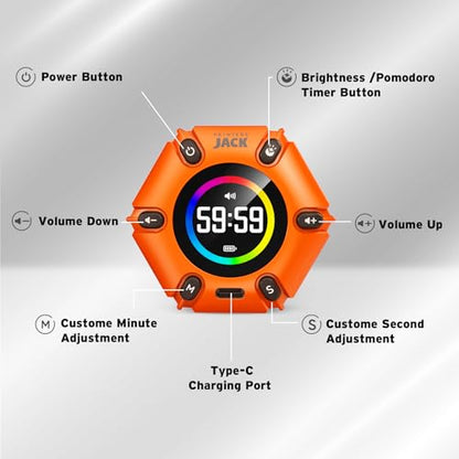 Pomodoro Timer 3/5/10/25/30/60min Preset, Mute & Vibration & Sound Alarm - color: Orange