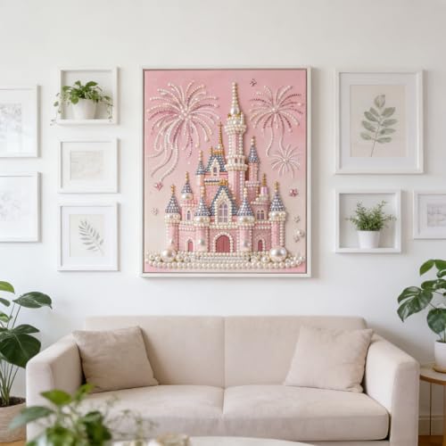 Jendfert DIY 3D Pearl Painting Kit, Castle Design with Fireworks, Plastic Pearl Art Craft for Adults and Beginners, Home Wall Decor - No Framework