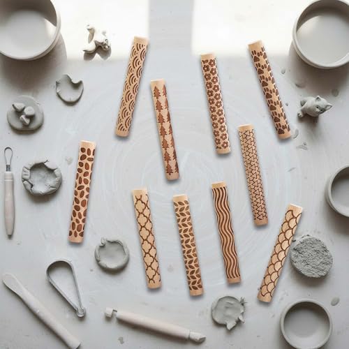 10 PCS Wooden Clay Texture Rollers Set, 100mm Pottery Pattern Rolling Pins with 10 Unique Designs, Ceramic and Polymer Clay Stamp Roller Tools for Studio Craft, Sculpting & Handmade Art Projects(A+B) - color: A+B