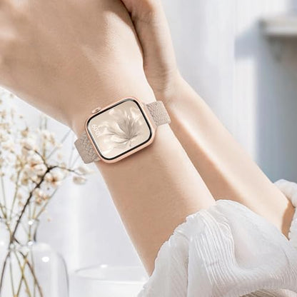 Slim Braided Stretchy Band Compatible with Apple Watch Bands Women | 40mm 41mm 42mm 38mm 44mm 45mm 46mm 49mm Thin Elastic Nylon Solo Loop Strap ,Wristband for iWatch Series 11 10 9 8 7 6 5 4 SE - color: MilkTea, size: 44/45/46/49mm
