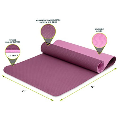 ProsourceFit Natura TPE Yoga Mat 1/4" (6mm) Thick, 72" Long, Reversible with High-Density Cushion & Non-slip Texture, Eco-conscious & Hygienic - color: Purple/Pink