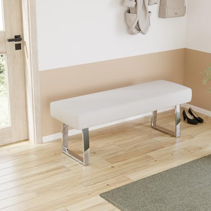 JIEXI 55" Rectangle Upholstered Entryway Bed End Bench with Chrome Legs | PU Leather Seat Footstool, Sturdy Silver Metal Base, Versatile for Bed End, Plant Stand, Foyer - color: White, size: 55 IN