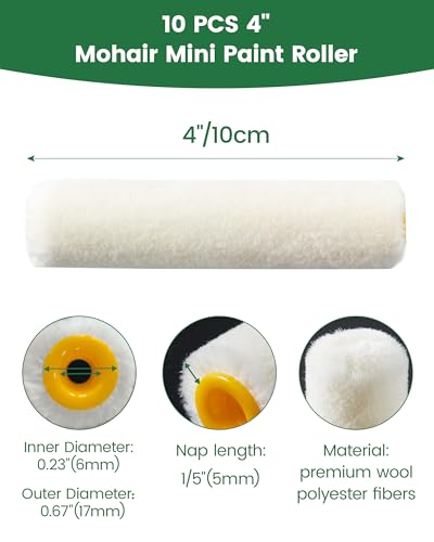 Voomey Mohair Mini Paint Roller 4 Inch Wool Blend Covers 10 Pack | Reusable Small Paint Roller for Cabinets, Trim, Skirting Boards, Tables & Chairs, Suitable for All Paints - style: 4 inch（Mohair Mini Paint Roller） 10 pack