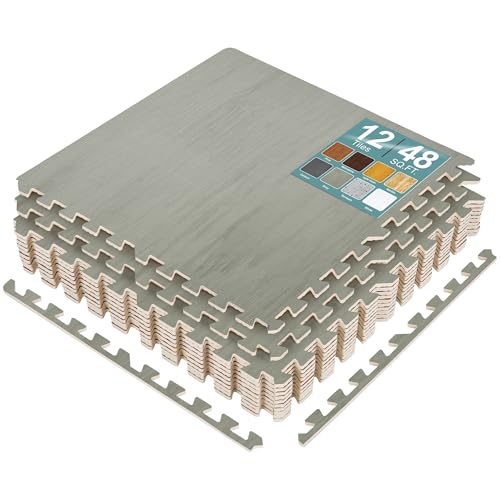 Sorbus Interlocking Wood Grain Foam Floor Tiles (12 Pack, Grey) | 3/8-inch EVA floor mats create cushioned foam flooring for playrooms, basements, apartments, trade shows and baby spaces. - color: Grey, size: 12 Pack