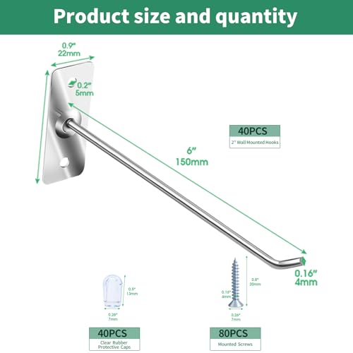 40 Pcs 6"/15CM Stainless Steel Wall Mounted Hooks with Protective Caps and Screws, Coat Bag Hat Utility Hook, Garage Tools Storage Organizer & Hanger for Office Kitchen Home Shop - size: 6" / 15cm
