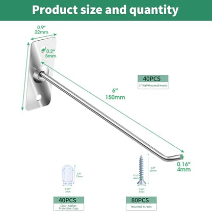 40 Pcs 6"/15CM Stainless Steel Wall Mounted Hooks with Protective Caps and Screws, Coat Bag Hat Utility Hook, Garage Tools Storage Organizer & Hanger for Office Kitchen Home Shop - size: 6" / 15cm