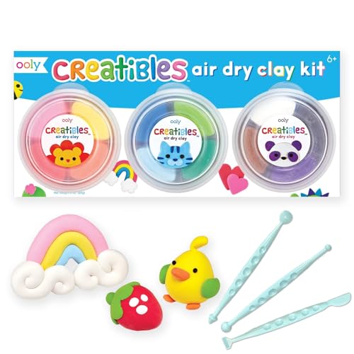 Ooly Creatibles Air Dry Clay for Kids, Includes 3 Reusable Cases, 12 Colors | Ages 6+, Includes 3 Shaping Tools, Modeling Clay, Fun Play Dough Craft Kit, Sculpt Fun Lion, Cat, Bear, Gift for Kids - style: 12 Colors Complete Set
