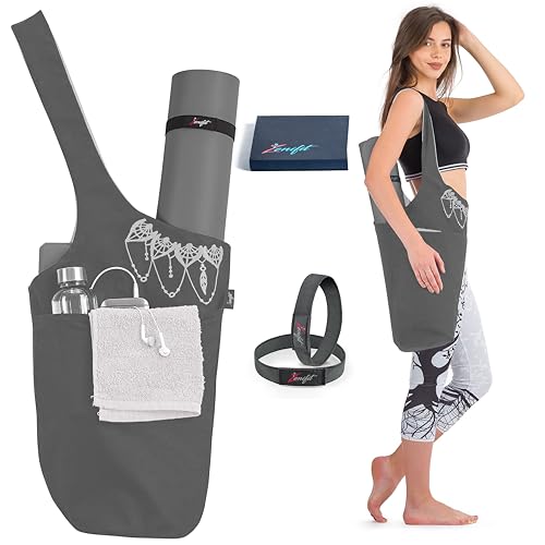 Yoga Mat Bag & Carrier with Pockets for Women | Holds yoga & pilates mats up to 72 in, Fits thick mats, Water bottle & zip pockets, 2 mat straps included, Gift-boxed - color: Gray & White