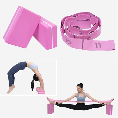 High Density Yoga Blocks 2 Pack with 11 Loops Stretch Band, 350g Non-Slip Foam Exercise Bricks for Pilates & Dance, Pink Gym Accessories with Carry Bag for Flexibility, Balance & Rehab Training - color: Pink Brick & Pink Band