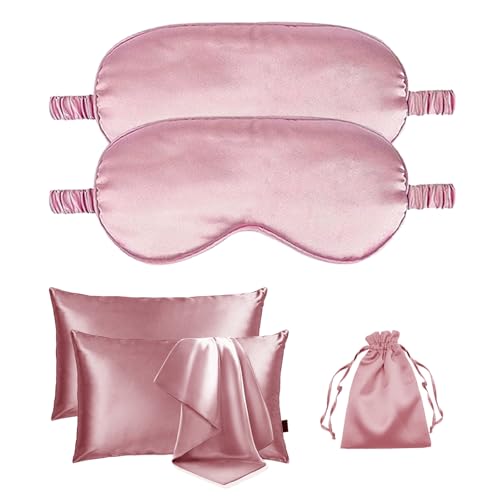 5Pcs Silky Sleep Mask Eye Masks Breathable Soft Satin Pillowcases Set for Sleeping Similar to Silk Pillowcase Travel Gift - color: Dusty Rose-queen Size