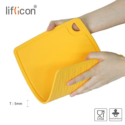Liflicon Thick Cutting Boards for Kitchen Silicone Chopping Board Set of 2 Mid 12.6'' x 9.1”,Mini 9.1”x7.1” Non-slip Deep Drip Juice Groove Easy Grip Handle,Dishwasher Safe-Yellow - color: Yellow, size: S+M
