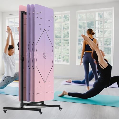 Yoga Mat Storage Rack on Wheels, Metal Yoga Mat Holder with Double Sided Hooks & Punching Tool, Rolling Organizer Cart for Home Gym, Exercise & Fitness Club