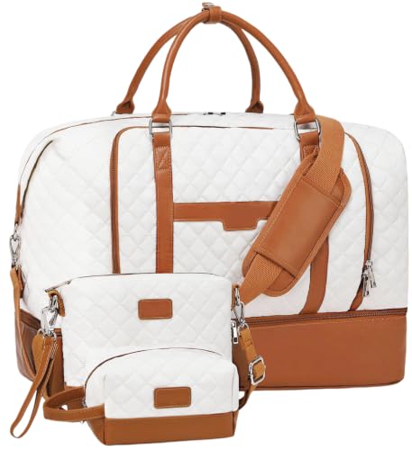 Weekender Bag, Large Travel Duffel Bag for Women, Carry on Overnight Bag with Shoe Compartment and Toiletry Bags - color: White-Brown