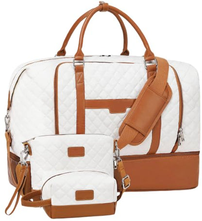Weekender Bag, Large Travel Duffel Bag for Women, Carry on Overnight Bag with Shoe Compartment and Toiletry Bags - color: White-Brown