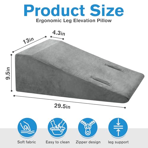 Leg Elevation Pillow, Trapezoidal Foot Elevation Pillow for Elevation for Swelling, Blood Circulation Support with Handle and Removable Cover (Grey)
