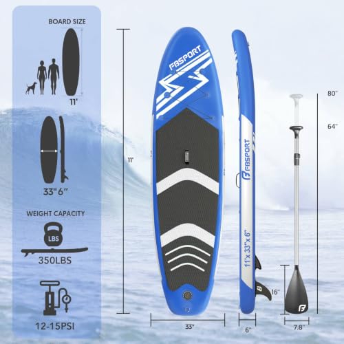 FBSPORT 11' Premium Stand Up Paddle Board, Yoga Board with SUP Accessories & Carry Bag | Wide Stance, Surf Control, Non-Slip Deck, Leash, Paddle and Pump for Youth & Adult - color: Blue