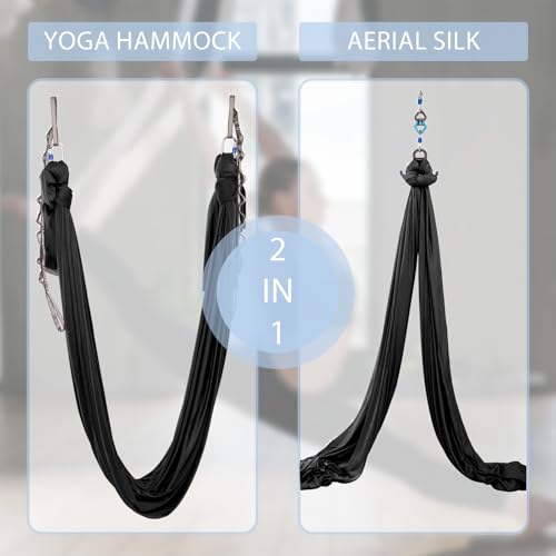 5.5 Yards Aerial Silks Yoga Swing Set - Aerial Yoga Hammock Kit Anti-Gravity Flying for Fitness, Low/Non Stretch Nylon Tricot Fabric Hardware Included for Dance - color: BLACK