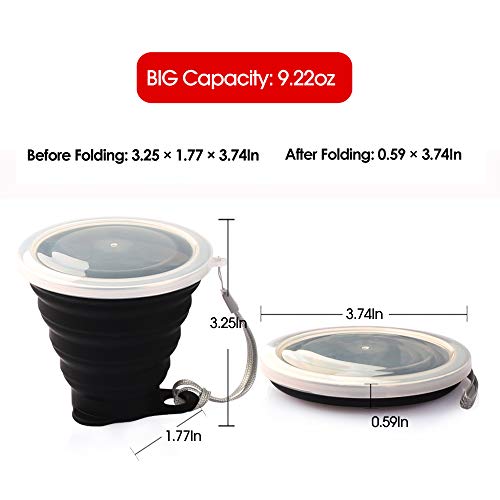 ME.FAN Silicone Collapsible Travel Cup - Silicone Folding Camping Cup with Lids - Expandable Drinking Cup Set - Portable, Graduated [9.22oz] - color: 4 Pack-Black
