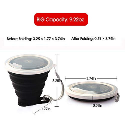 ME.FAN Silicone Collapsible Travel Cup - Silicone Folding Camping Cup with Lids - Expandable Drinking Cup Set - Portable, Graduated [9.22oz] - color: 4 Pack-Black