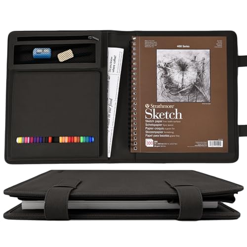 Black Leather Sketchbook Cover 9x12, Travel Drawing Portfolio | Portable sketch kit organizer, pencil holder, Fits 9x12 Sketch Book, Spiral Pad, Compact artist storage case - color: Black, size: Large-9x12