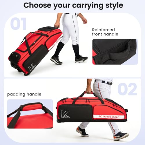 Catchers Gear Bag with Wheels for 4 Bats, 80L Rolling Baseball Bag - color: Red
