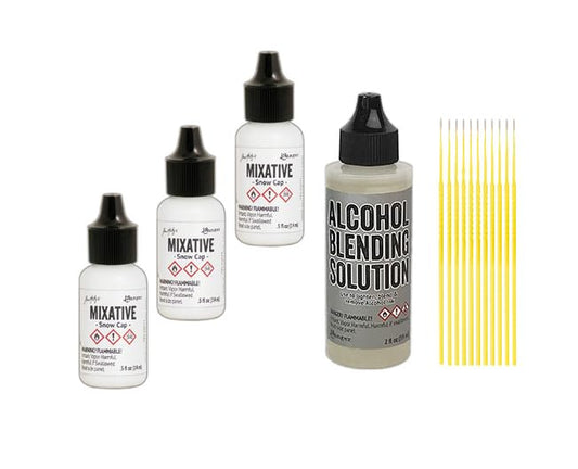 Ranger Tim Holtz Mixative Bundle - Three Snow Cap Ranger Mixatives, One 2 oz Alcohol Ink Blending Solution - Acid Free Pigment Inks- with Trebbies Detail Sticks - color: With 3 Snow Cap