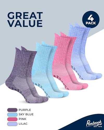 Pembrook Non Slip Crew Grip Socks Men & Women - 4 Pairs | Non Slip Socks for Elderly, Hospital, Pilates, Yoga, Barre, Home - color: Pink, Sky Blue, Purple, Lilac - 4 Pairs, size: Medium
