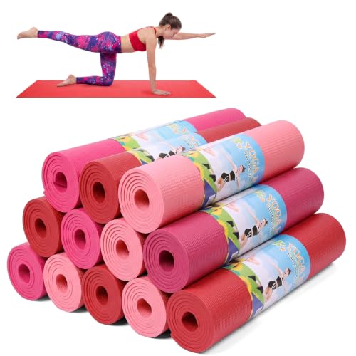 Amylove 12 Pieces Yoga Mats Bulk 68x24x0.12 Inch Exercise Non Slip Fitness Workout Mats for Women Men Home Workout Gym Yoga - color: Red, Rose Red, Pink