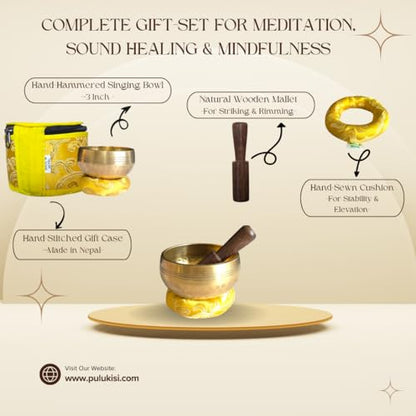 3 Inch Hand-Hammered Singing Bowl Gift Set - Includes Mallet, Cushion & Gift Box - Tibetan Singing Bowl for Mindfulness, Yoga, Spring Renewal & Relaxation- Made in Nepal - size: 3 inch