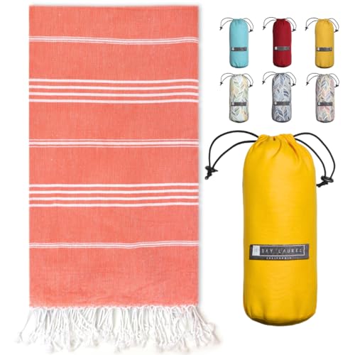 BAY LAUREL Turkish Beach Towel with Travel Bag 39 x 71 Quick Dry Sand Free Lightweight Large Oversized Towels Light (Orange with Yellow Bag) - color: Orange With Yellow Bag