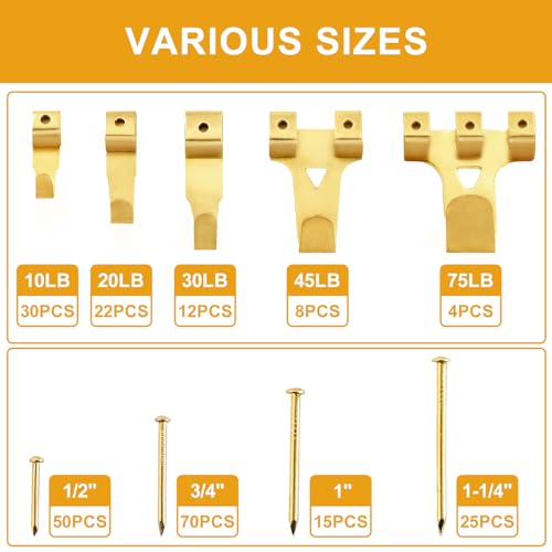 303Pcs Picture Hanging Kit, Picture Hangers Assorted Kit with Heavy Duty Picture Hanging Hooks/Hardware Nails/Sawtooth/Wire/D Rings/Level, Metal Picture Wall Hooks for Frame Canvas Mounting - size: Gold