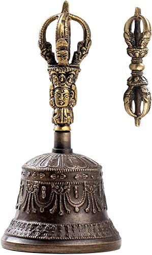 Tibetan Dharma Object Bell and Bajra Set - Alter Pray Singing Bowl Hand Bell Handmade Buddhist Meditation Bell by Himalayan Bazaar (14cm x 7.3cm) - color: Large Bell