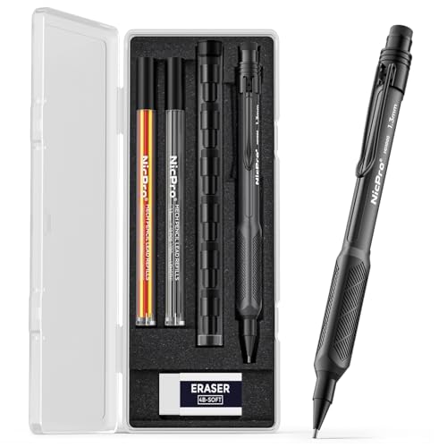 Nicpro 1.3 mm Mechanical Pencils Set, HD1000 1.3 Lead Pencil, 1Pcs Black | 25 Refill, 3 Eraser -Weatherproof Barrel Pencil, Heavy Duty Carpenter Pencil for Outdoor Marking Drafting Drawing Woodworking - color: Black, size: 1 Pack